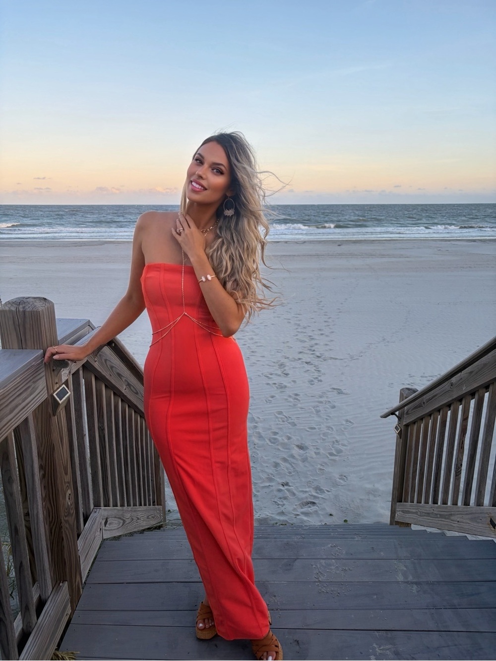Orange strapless maxi dress
